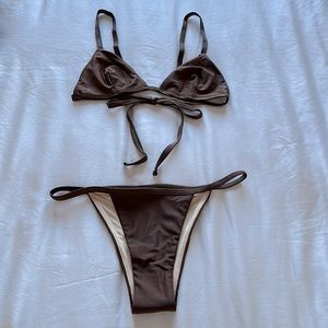 Los Angeles Apparel Strappy Bikini Set in Chocolate Size Medium